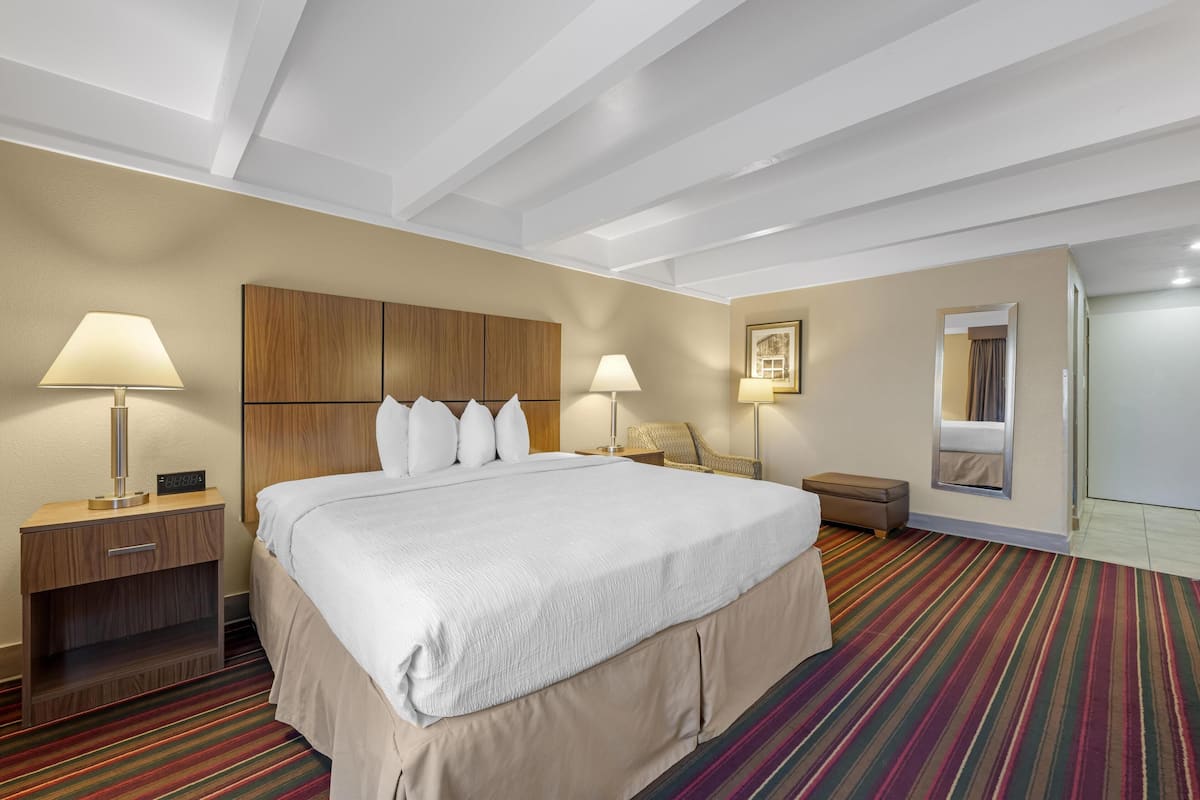 A hotel room with a large bed, two bedside tables with lamps, a wooden headboard, a striped carpet, and a small seating area with a chair and table.