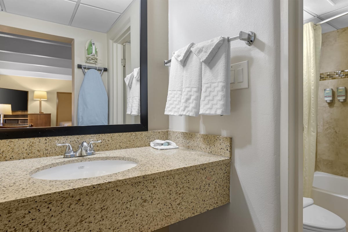standard room, 2 double beds, non smoking, refrigerator & microwave | bathroom | combined shower/bathtub, deep-soaking bathtub, free toiletries