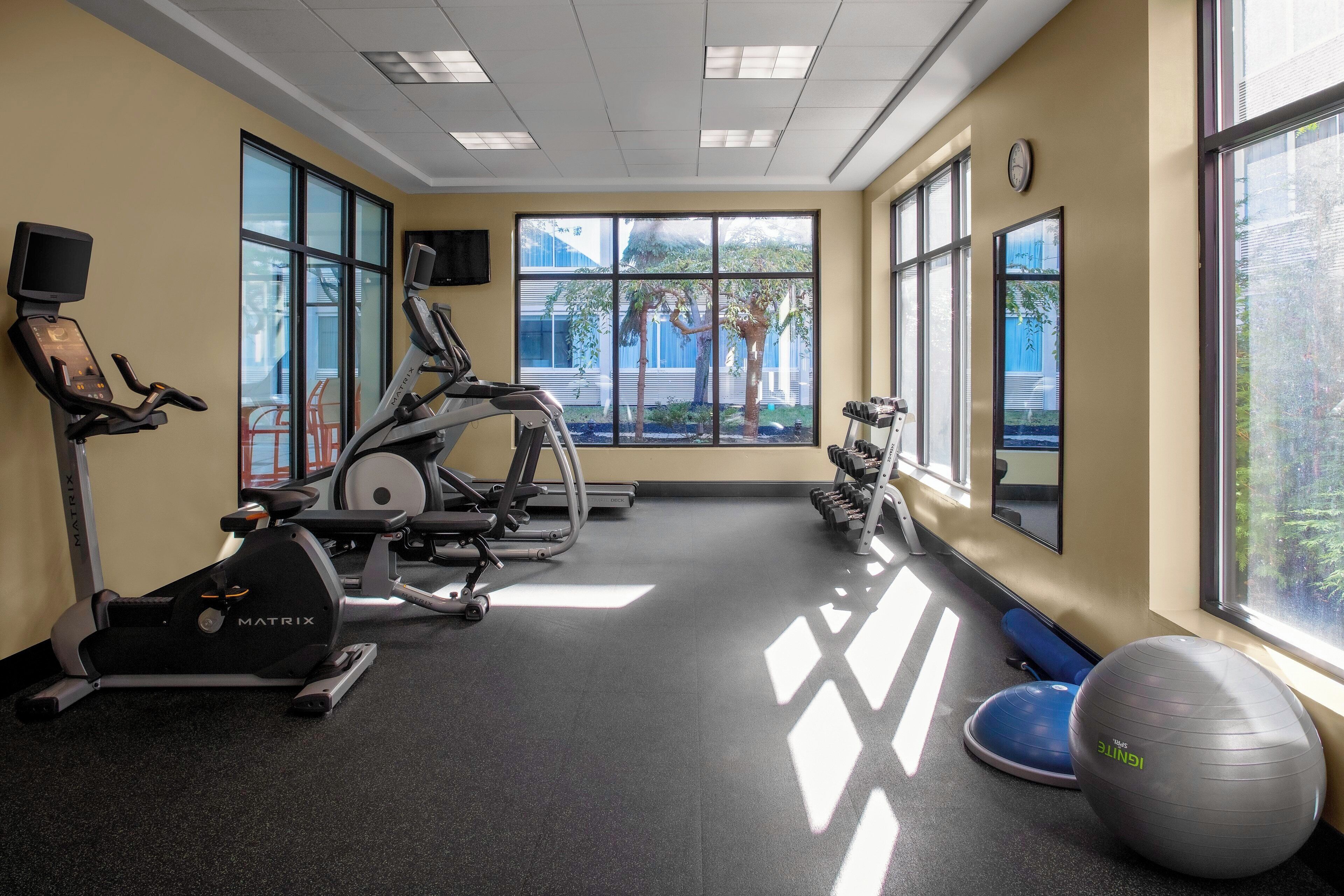 A gym with cardio machines, free weights, and exercise balls.