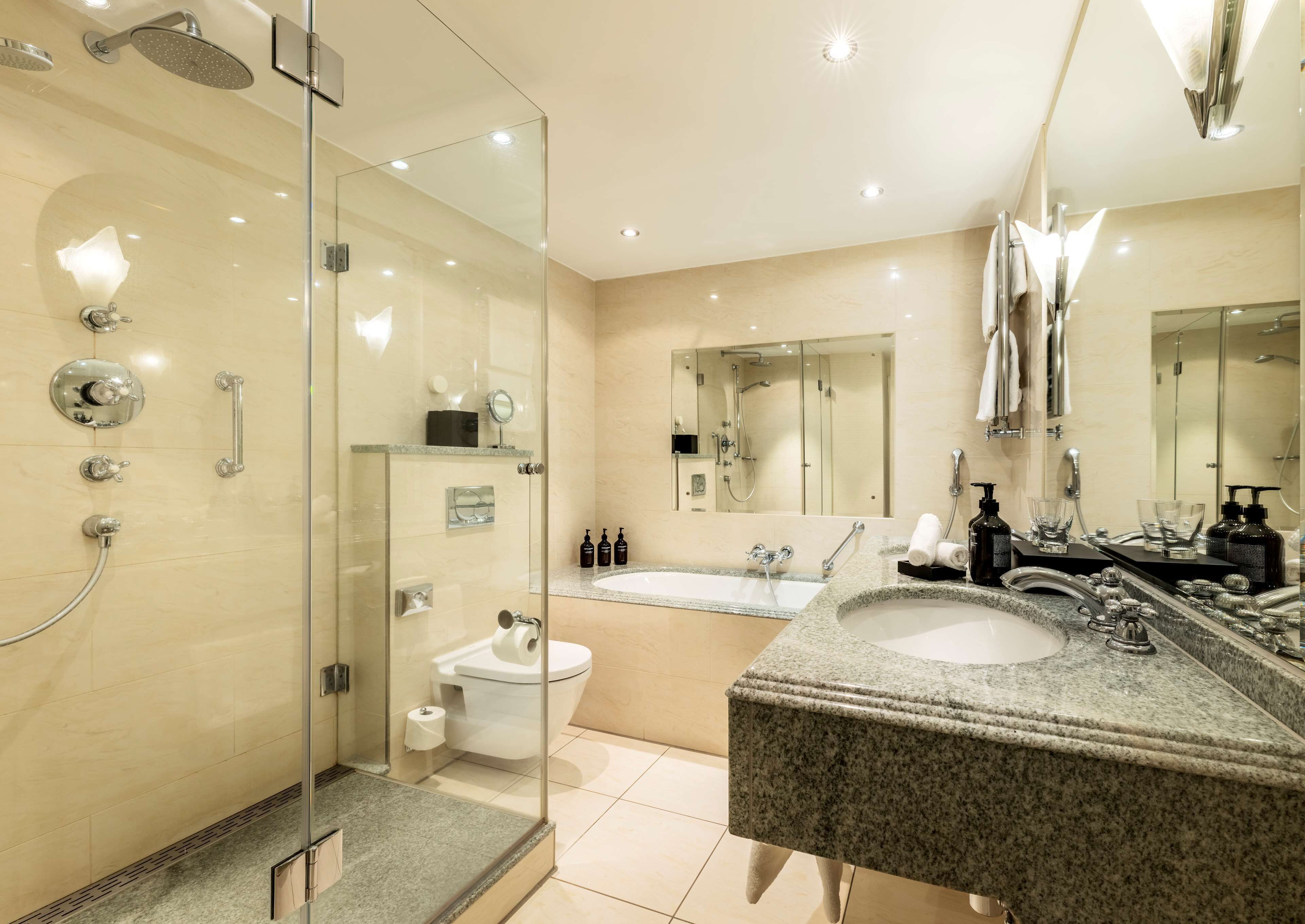 A modern bathroom with a glass-enclosed shower, a toilet, a sink with a vanity, and a large mirror.