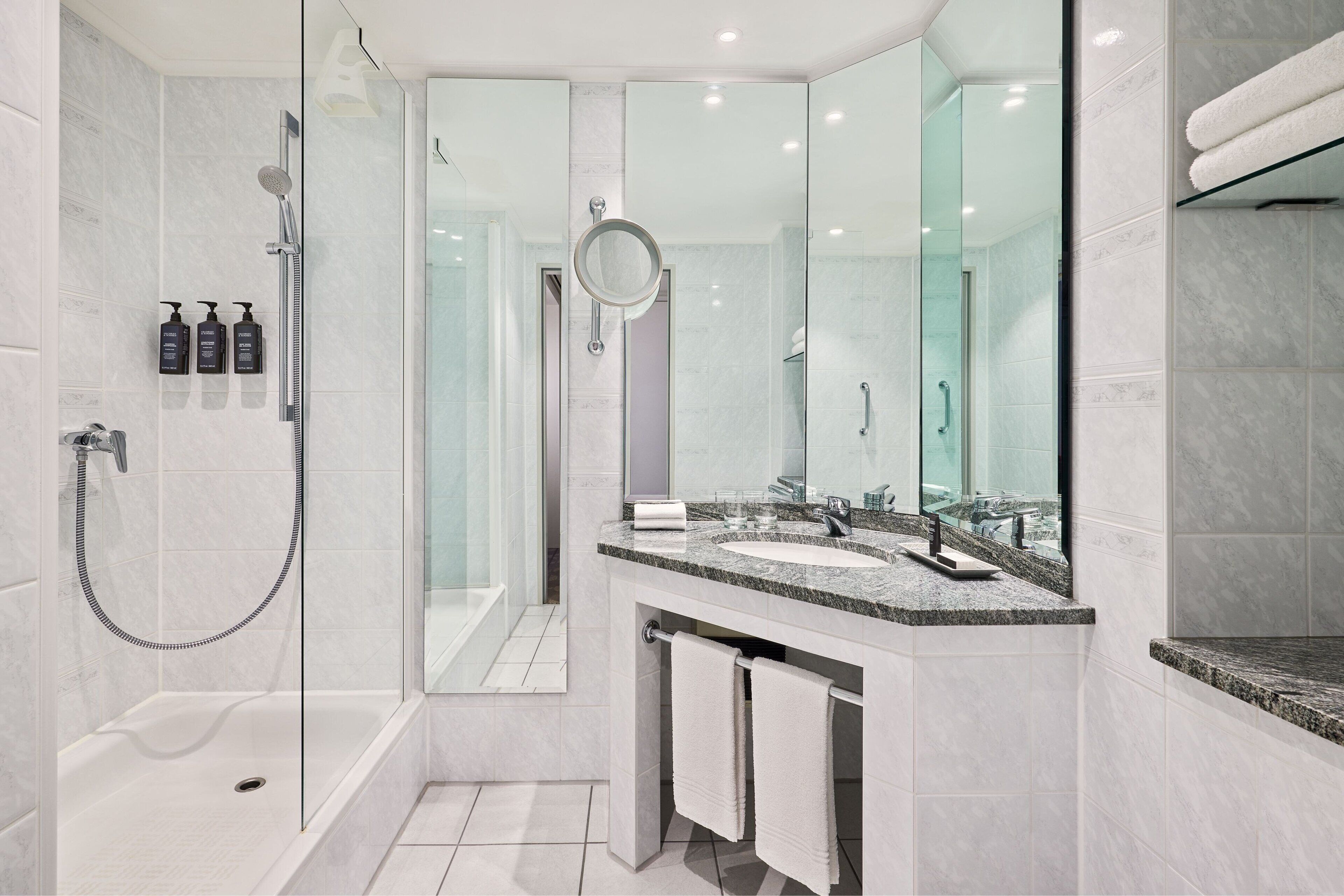 Un baño moderno con cabina de ducha acristalada, un espejo grande y encimera de granito.