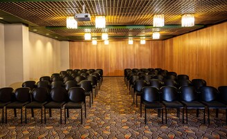 Uma sala de conferências com fileiras de cadeiras, um projetor e um carpete estampado.