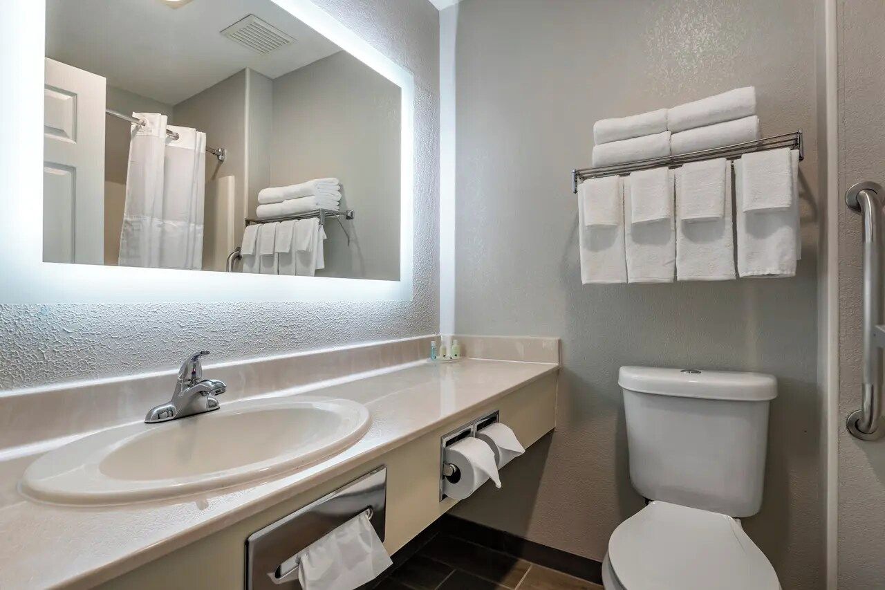 Un baño con lavamanos, espejo, inodoro y toallero.