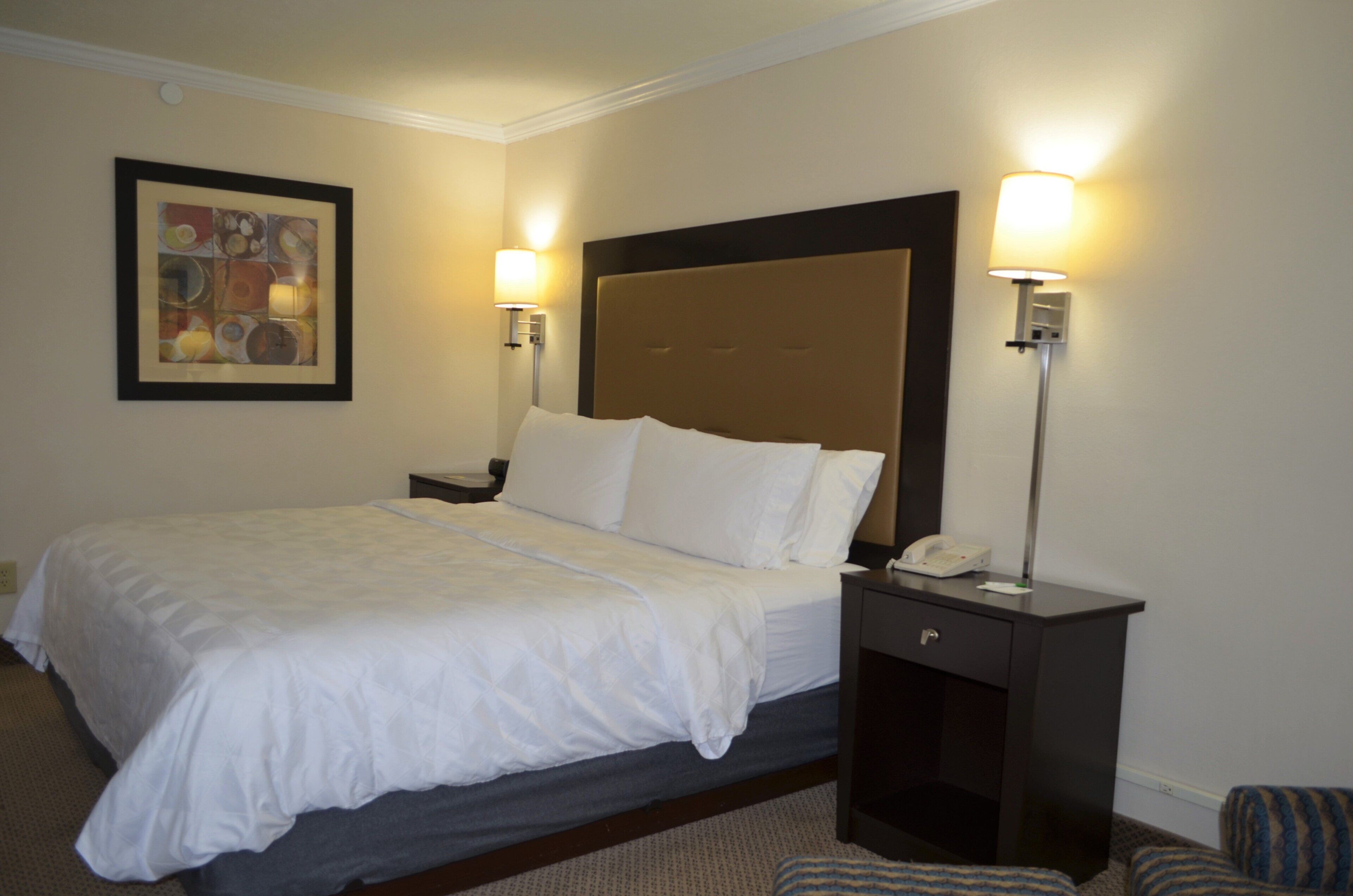 A hotel room with a large bed, two bedside lamps, a nightstand with a phone, and a framed picture on the wall.
