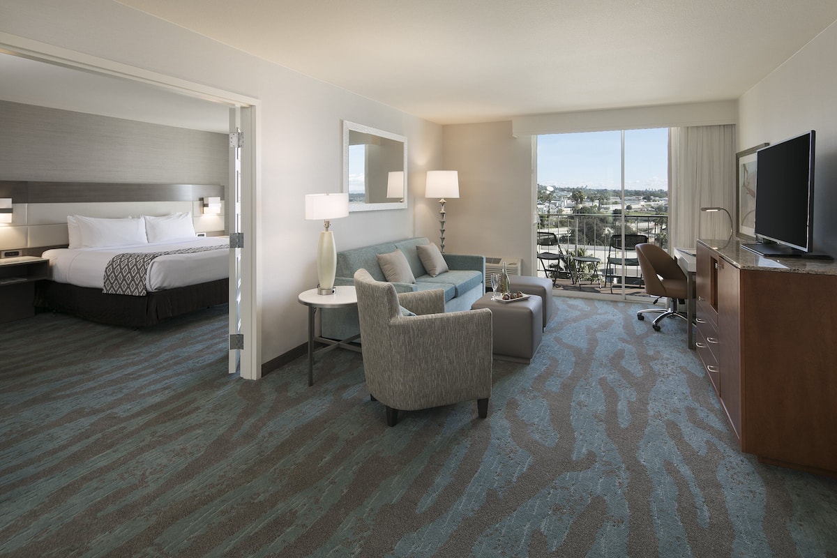 A hotel room with a bed, a sofa, a desk, a TV, and a balcony with a city view.