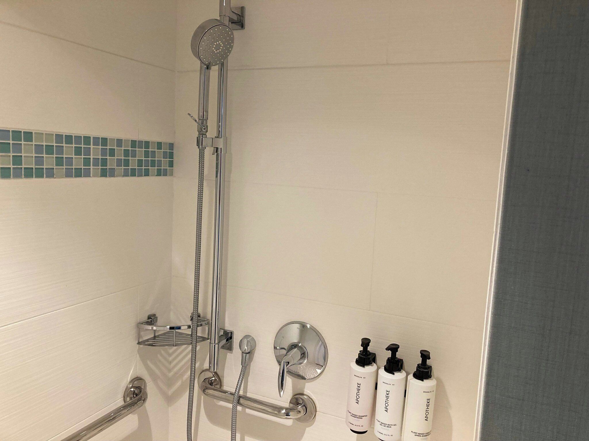 A shower with a handheld showerhead, a wall-mounted faucet, and a handheld showerhead. There are three bottles of Apotheke plant-based shampoo and gel on the wall.