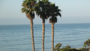 Three palm trees in front of a beach with the ocean in the background. - Crowne Plaza Ventura Beach by IHG (Ventura)