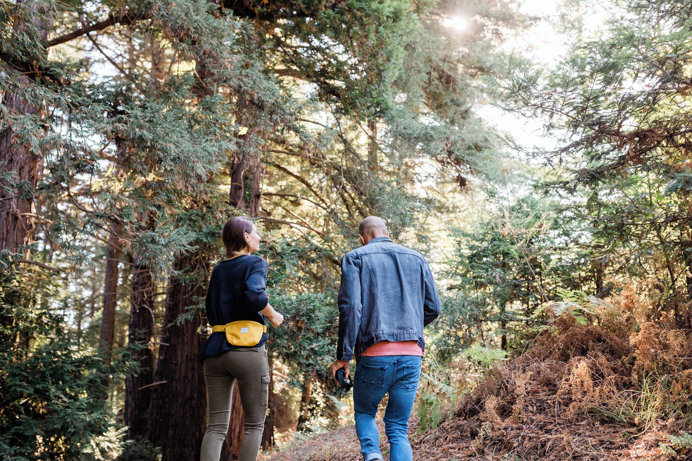 Duas pessoas caminham por uma área arborizada com árvores altas e vegetação densa.