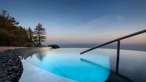 Una piscina infinita moderna con barandilla metálica, rodeada de rocas y árboles, con vistas a un paisaje escénico.