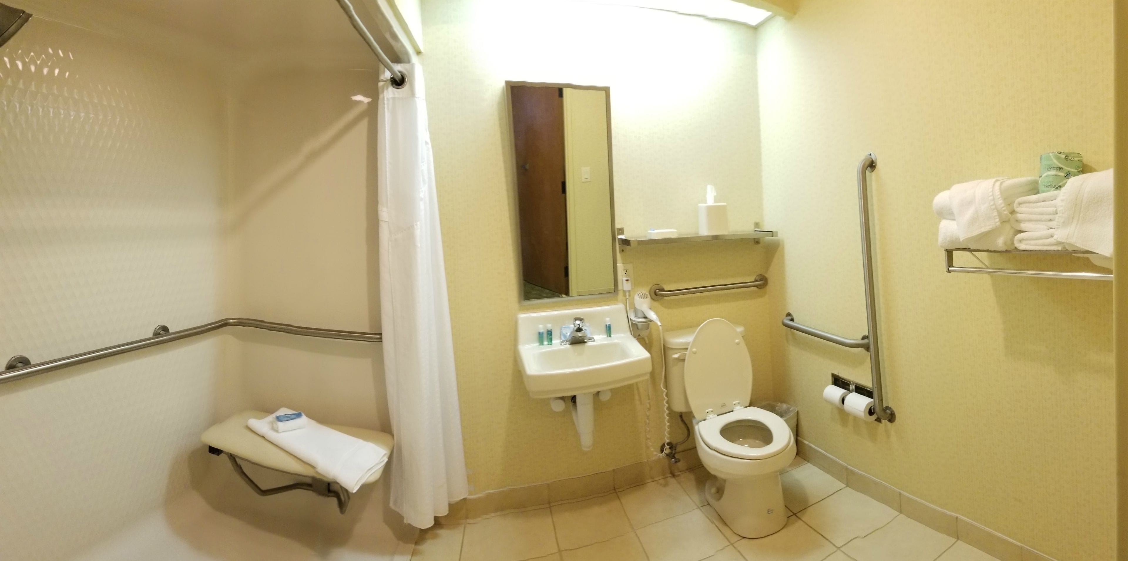 ada standard room, 2 queen beds, roll in shower, non smoking | bathroom | combined shower/bathtub, free toiletries, hair dryer, towels