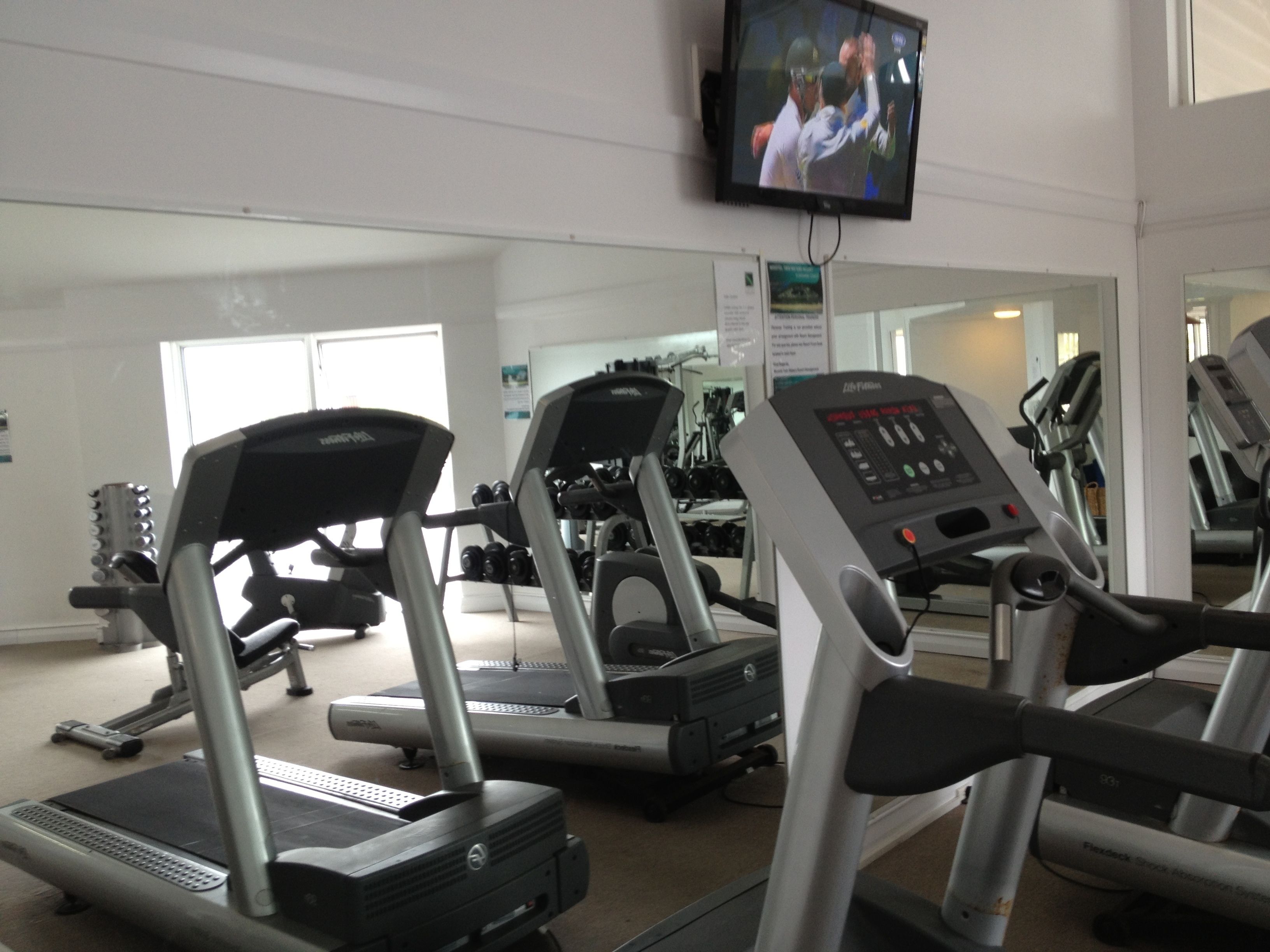 A gym with treadmills, weight machines, and a television mounted on the wall.