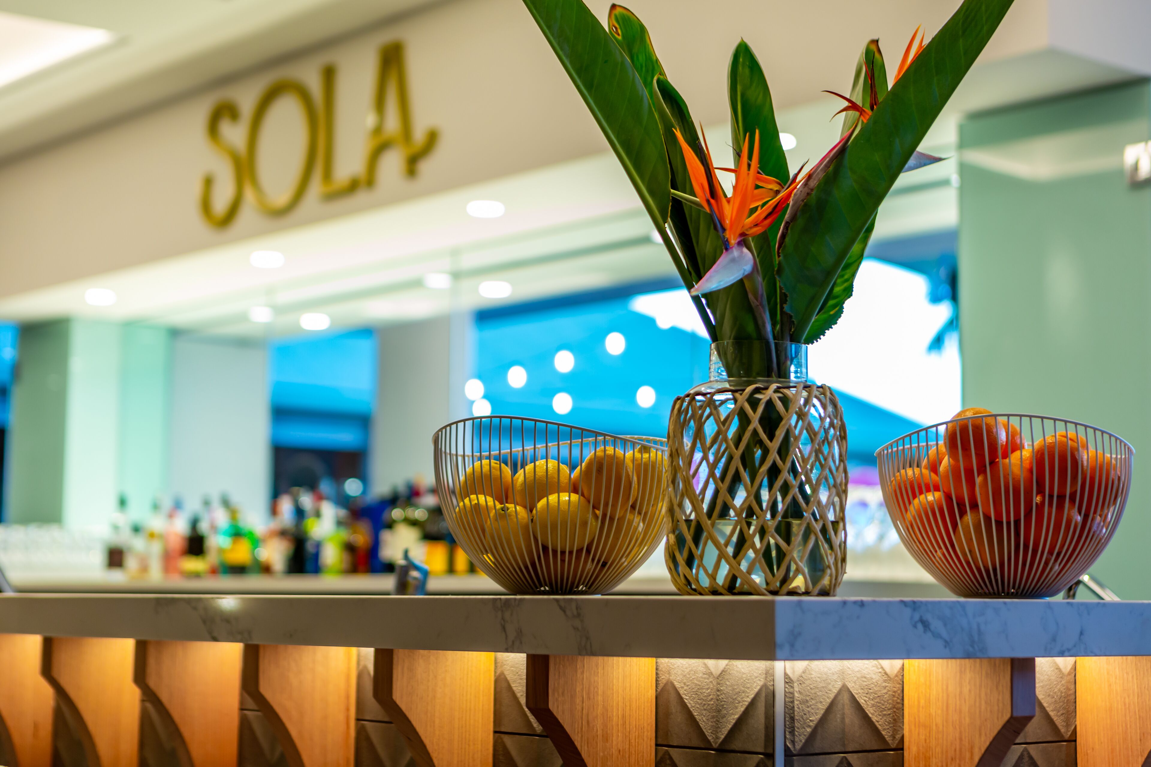 Un área de recepción con un letrero que dice 'SOLA', un mostrador de mármol y tres cuencos decorativos con frutas y una planta.