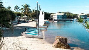 Un complexe hôtelier doté d’une piscine, de palmiers et de cabanes aménagées au bord de la plage.