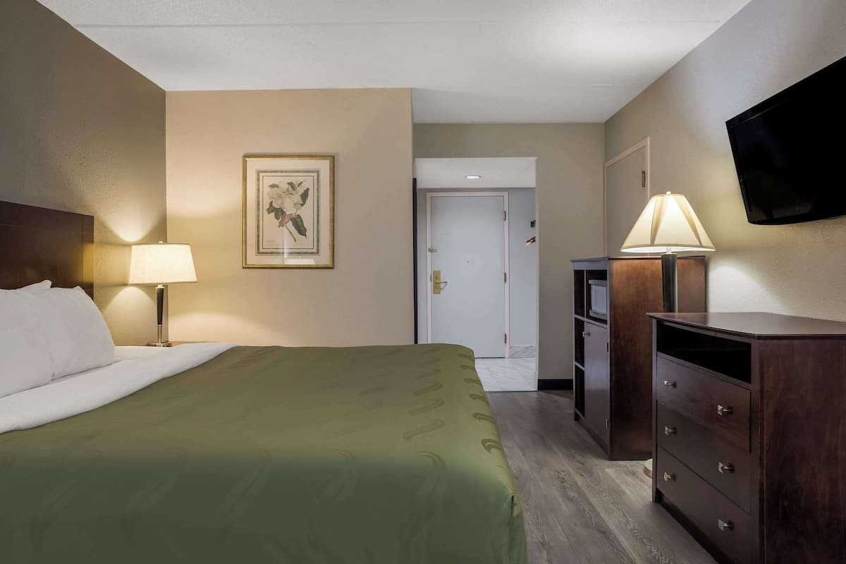 A hotel room with a bed, a desk, a dresser, a television, and a framed picture on the wall.