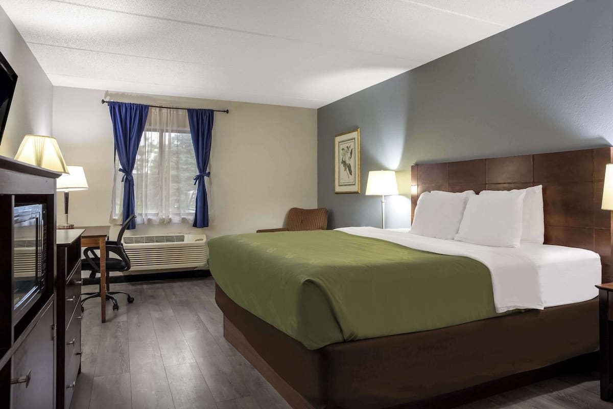 A hotel room with a bed, a desk, a chair, and a window with curtains.