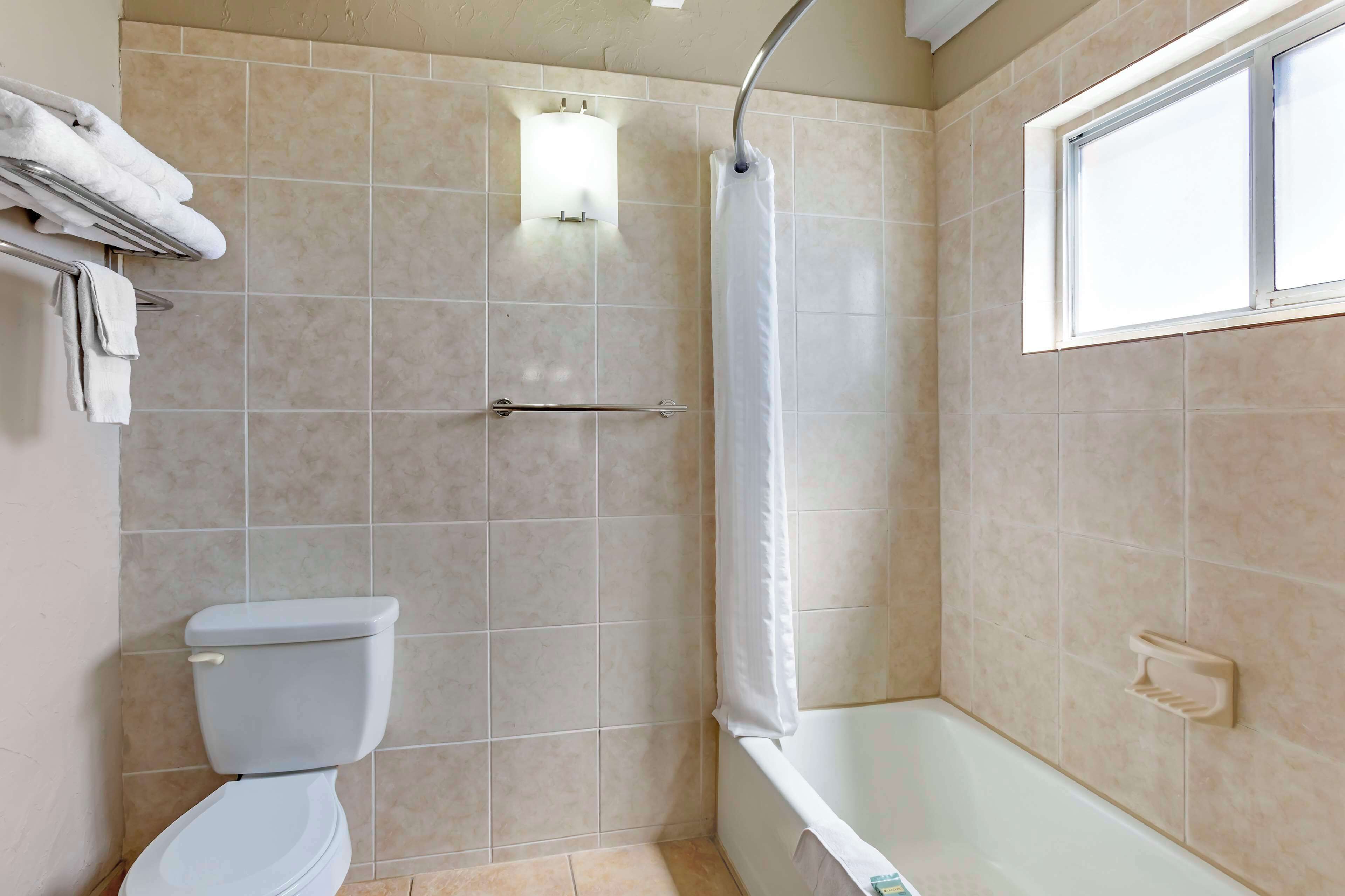 combined shower/bathtub, free toiletries, hair dryer, towels
