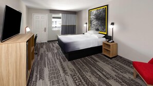 Habitación de hotel con cama, televisor, escritorio, silla, mesita de noche con lámpara y un cuadro grande en la pared.