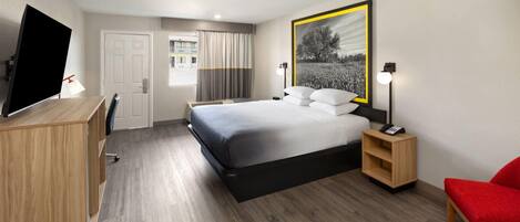 Una habitación de hotel con cama, escritorio, televisor, silla y mesita de noche.