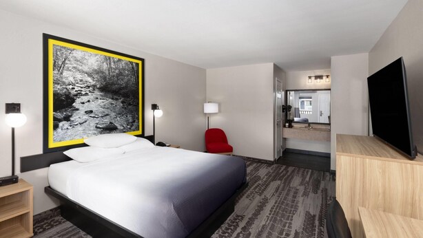 Habitación de hotel con una cama grande, una silla roja, un televisor y un cuadro de un arroyo en un bosque.