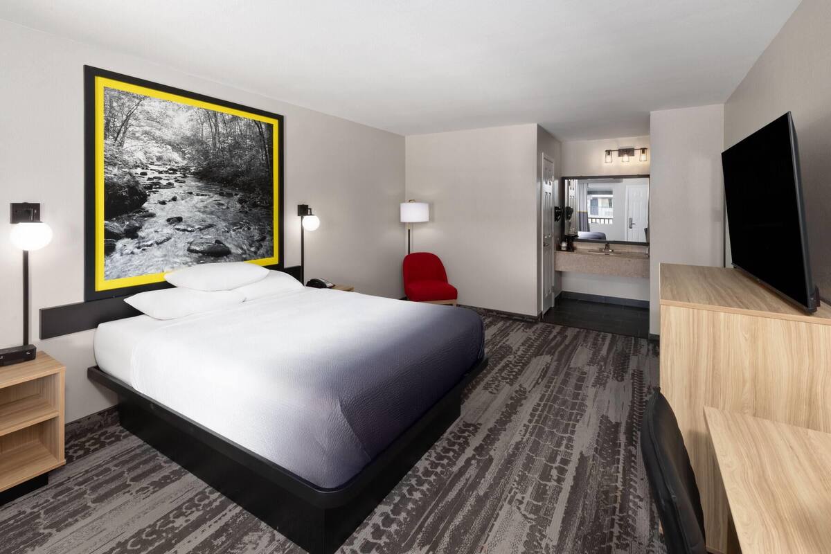 A hotel room with a large bed, a red chair, a TV, and a painting of a forest stream.