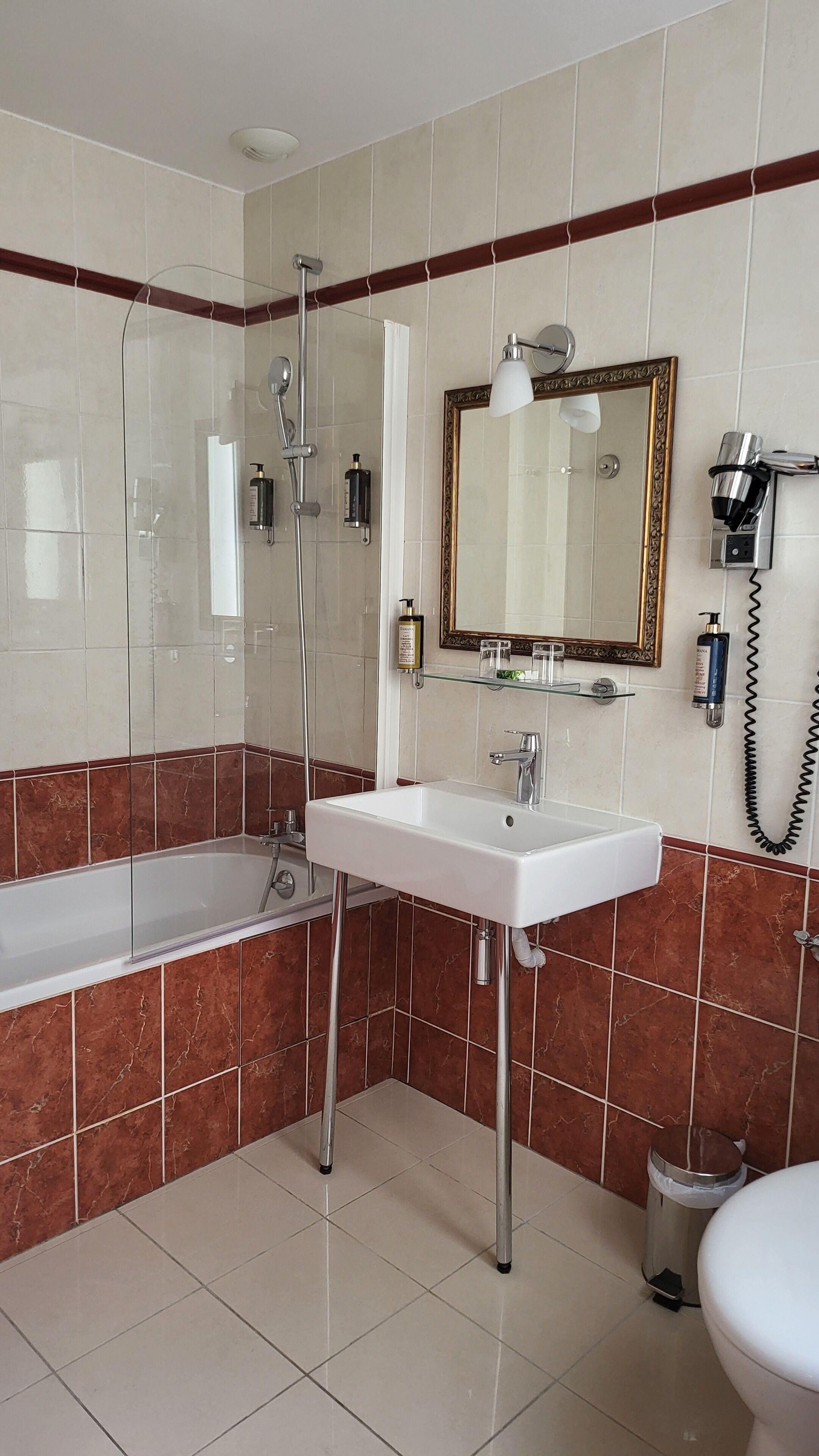 free toiletries, hair dryer, slippers, towels