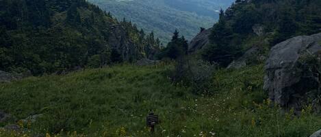 Un paysage montagneux, avec un ciel dégagé et un panneau indiquant un point de vue.