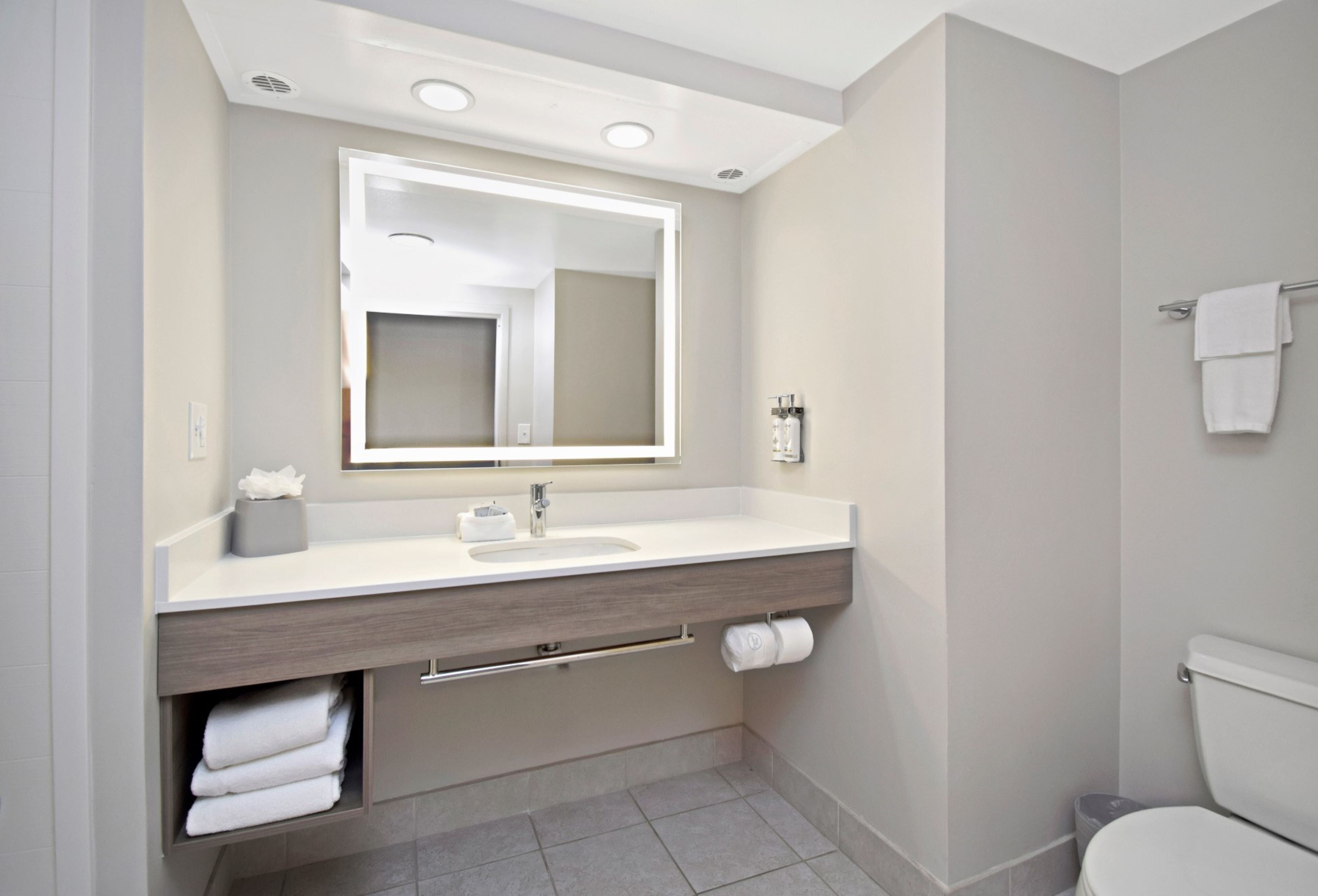 Une salle de bain moderne avec un grand miroir, un lavabo et des toilettes.