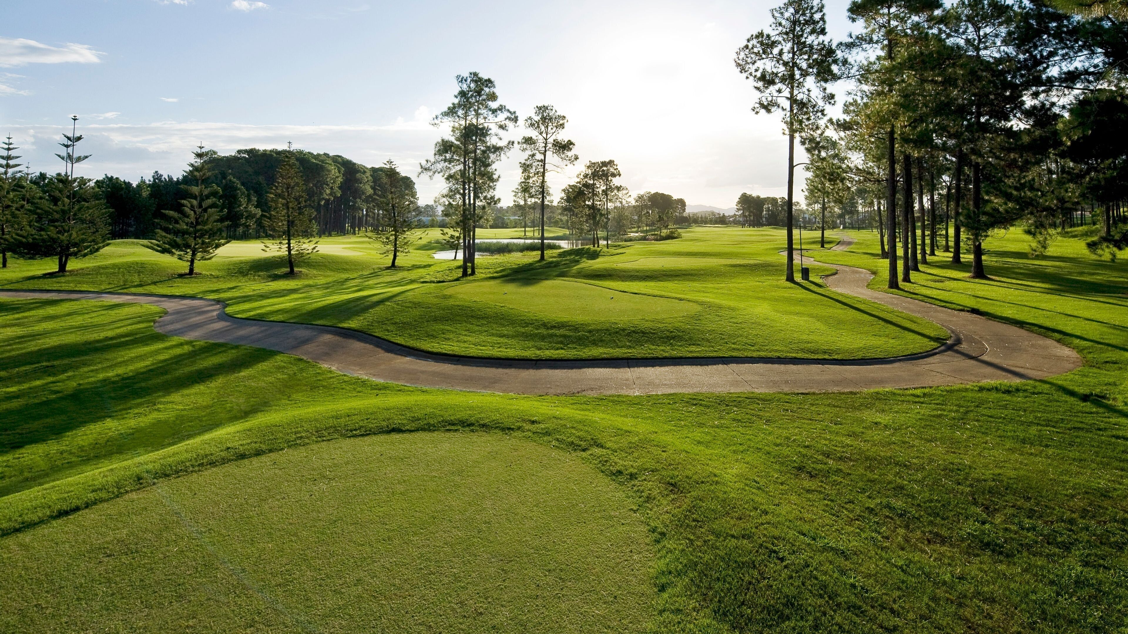 A golf course with well-maintained grass, a winding path, and tall trees.