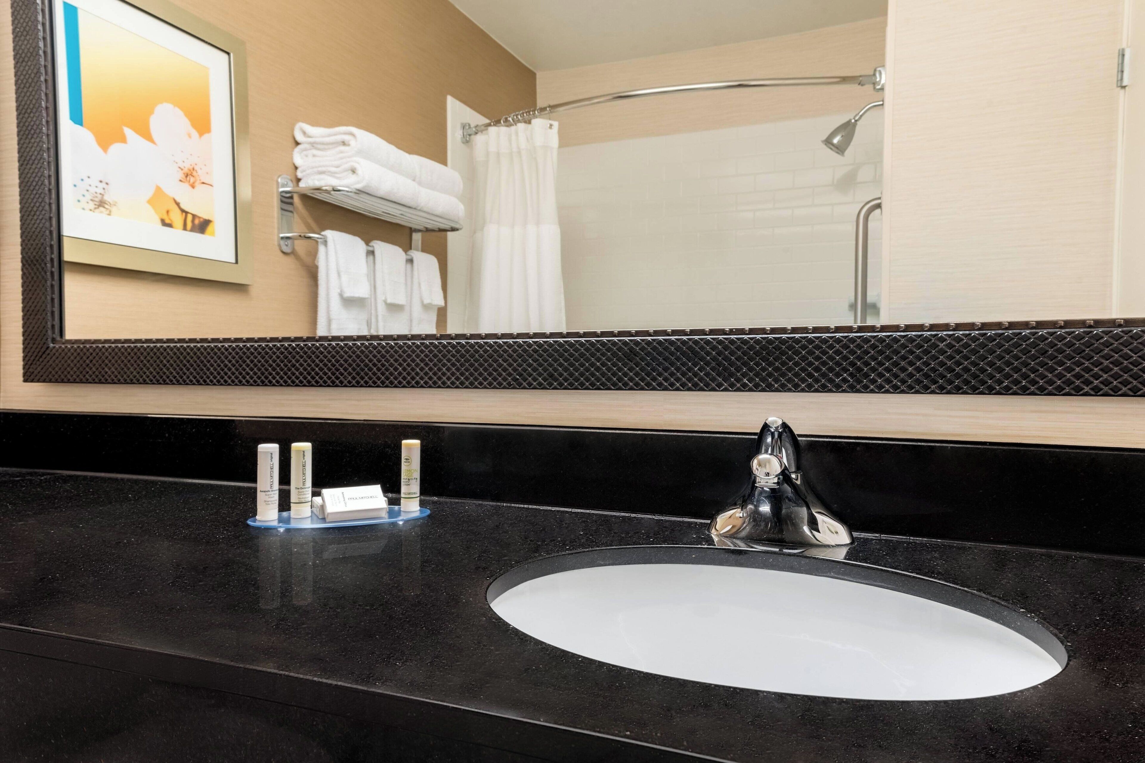 combined shower/bathtub, free toiletries, hair dryer, towels