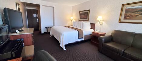 Una habitación de hotel con una cama, un escritorio con televisor, un sofá y dos lámparas de noche.