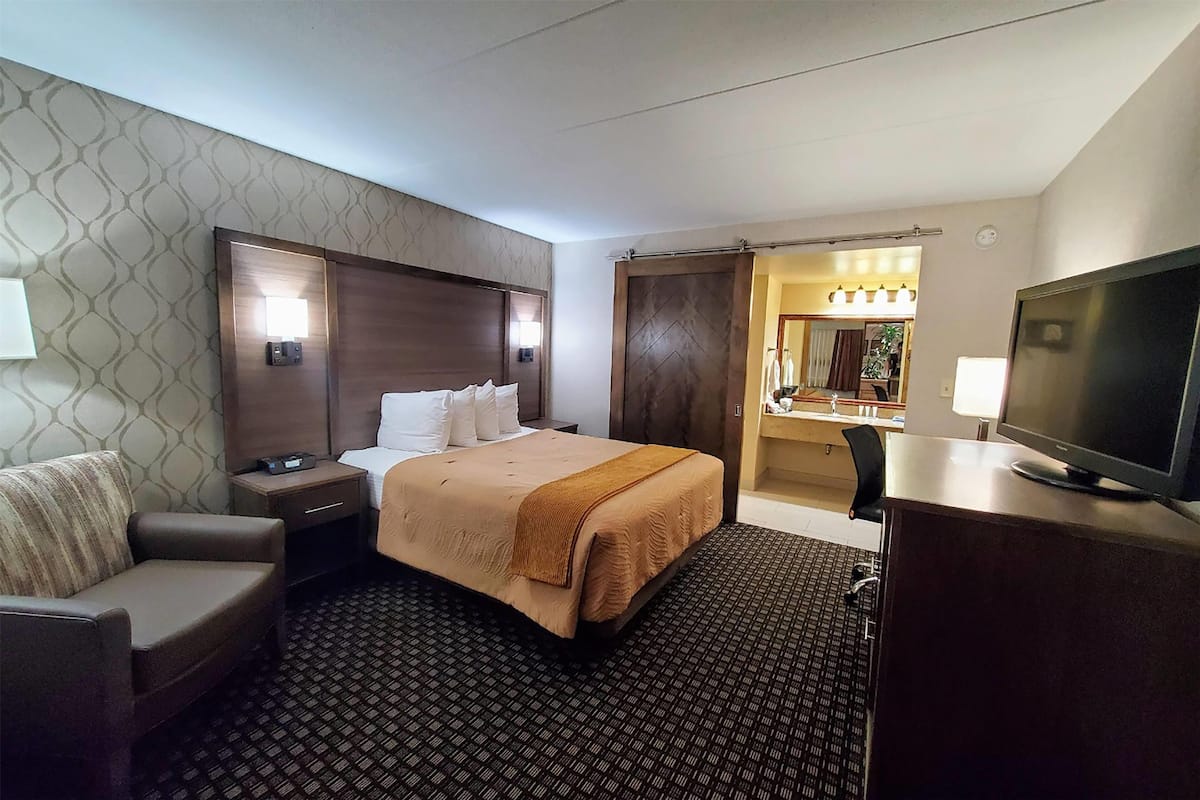 Une chambre d’hôtel avec un lit, un bureau, une chaise, une télévision et une salle de bain visible à travers une porte ouverte.