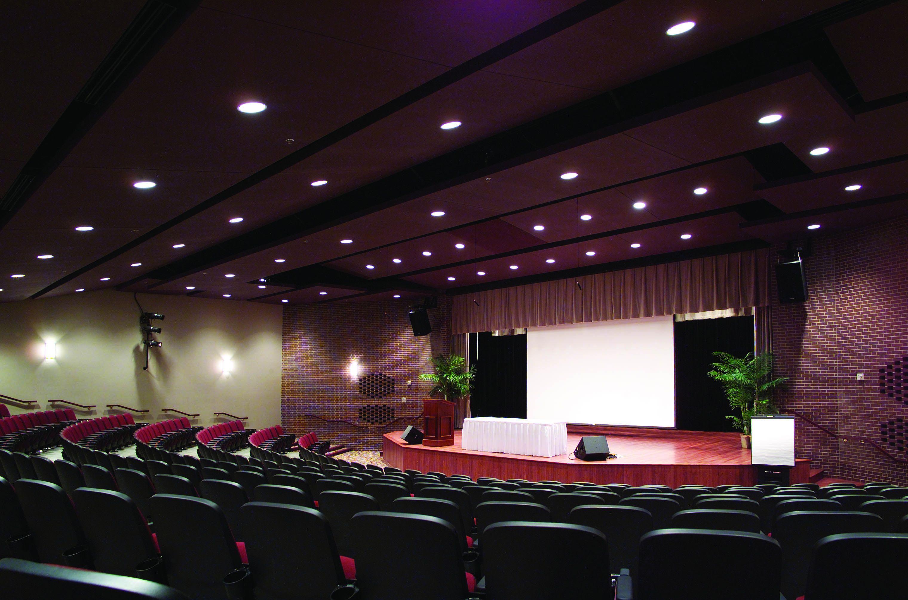 A theater with rows of seats, a stage, and a brick wall.