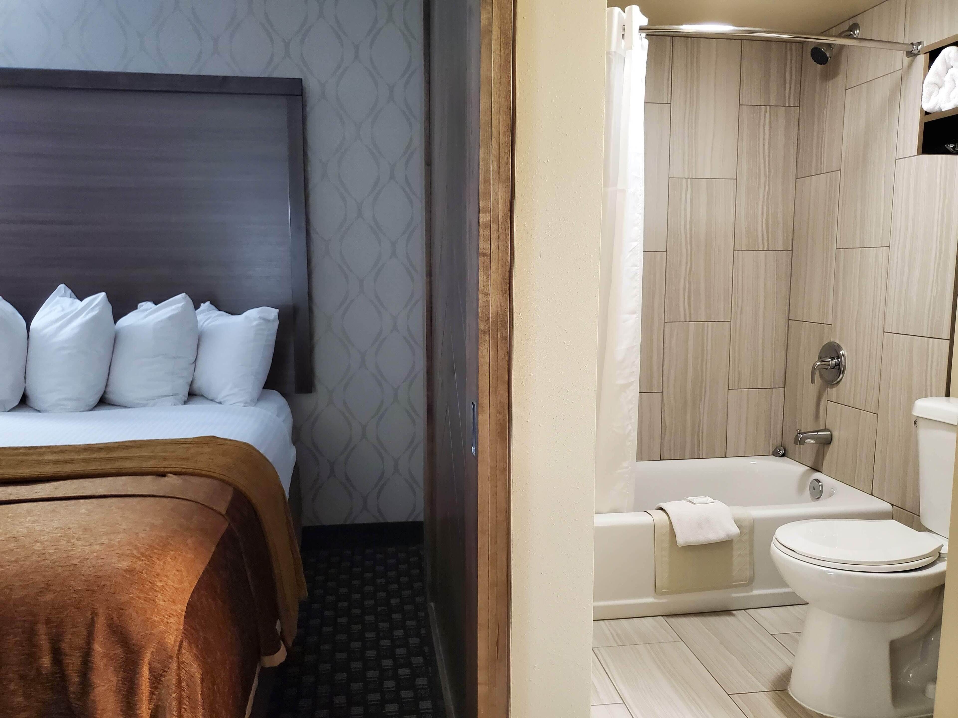 A hotel room with a bed, a shower, and a toilet.
