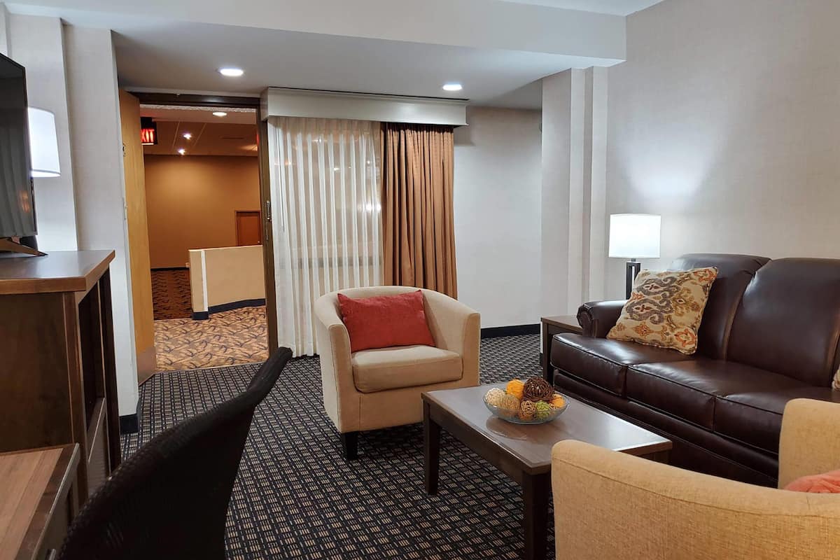 Une chambre d’hôtel avec un canapé, un fauteuil et une petite table sur laquelle se trouve un panier de fruits.
