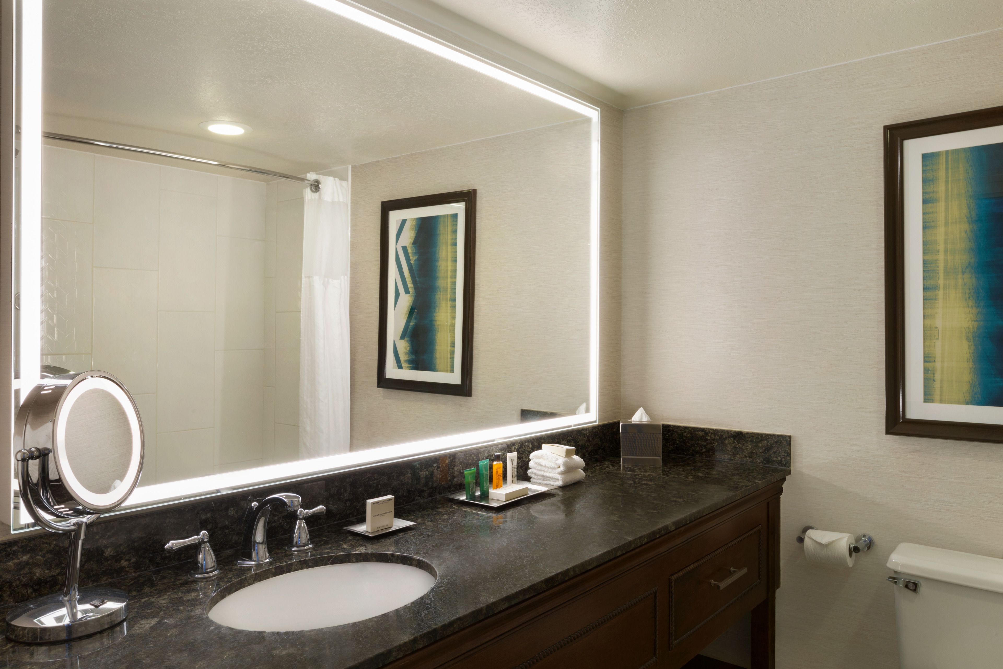 combined shower/bathtub, designer toiletries, hair dryer, towels