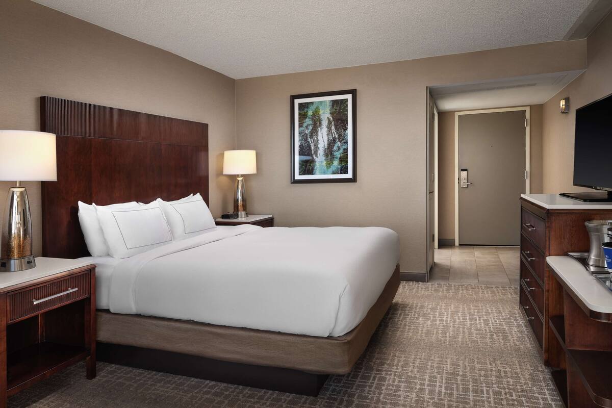 Quarto de hotel com uma cama grande, duas mesas de cabeceira com luminárias, um quadro na parede, uma TV em um penteadeira e uma porta que dá para outro cômodo.