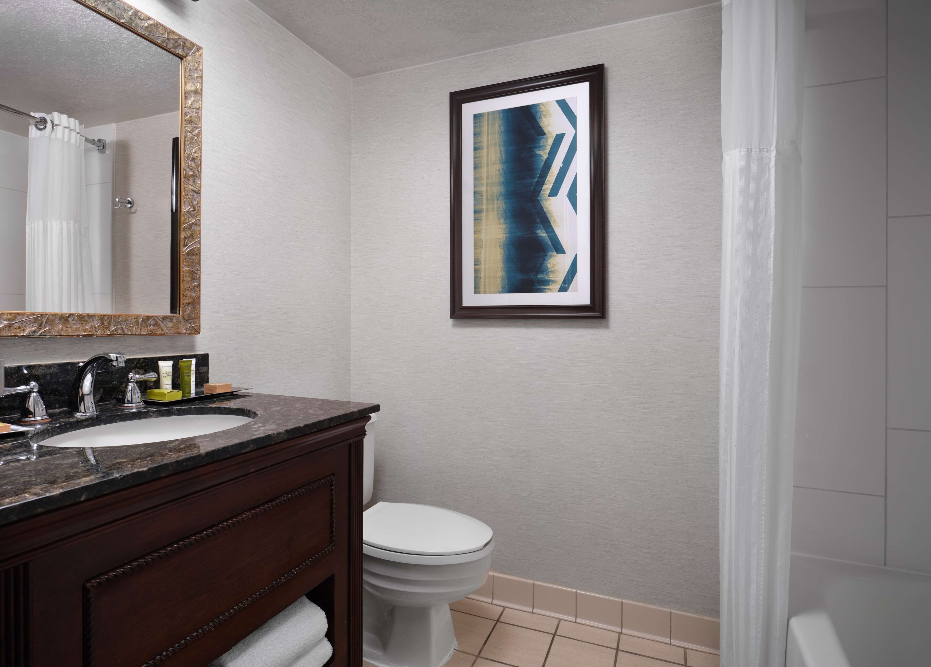 A bathroom with a marble sink, a toilet, and a framed abstract painting on the wall.