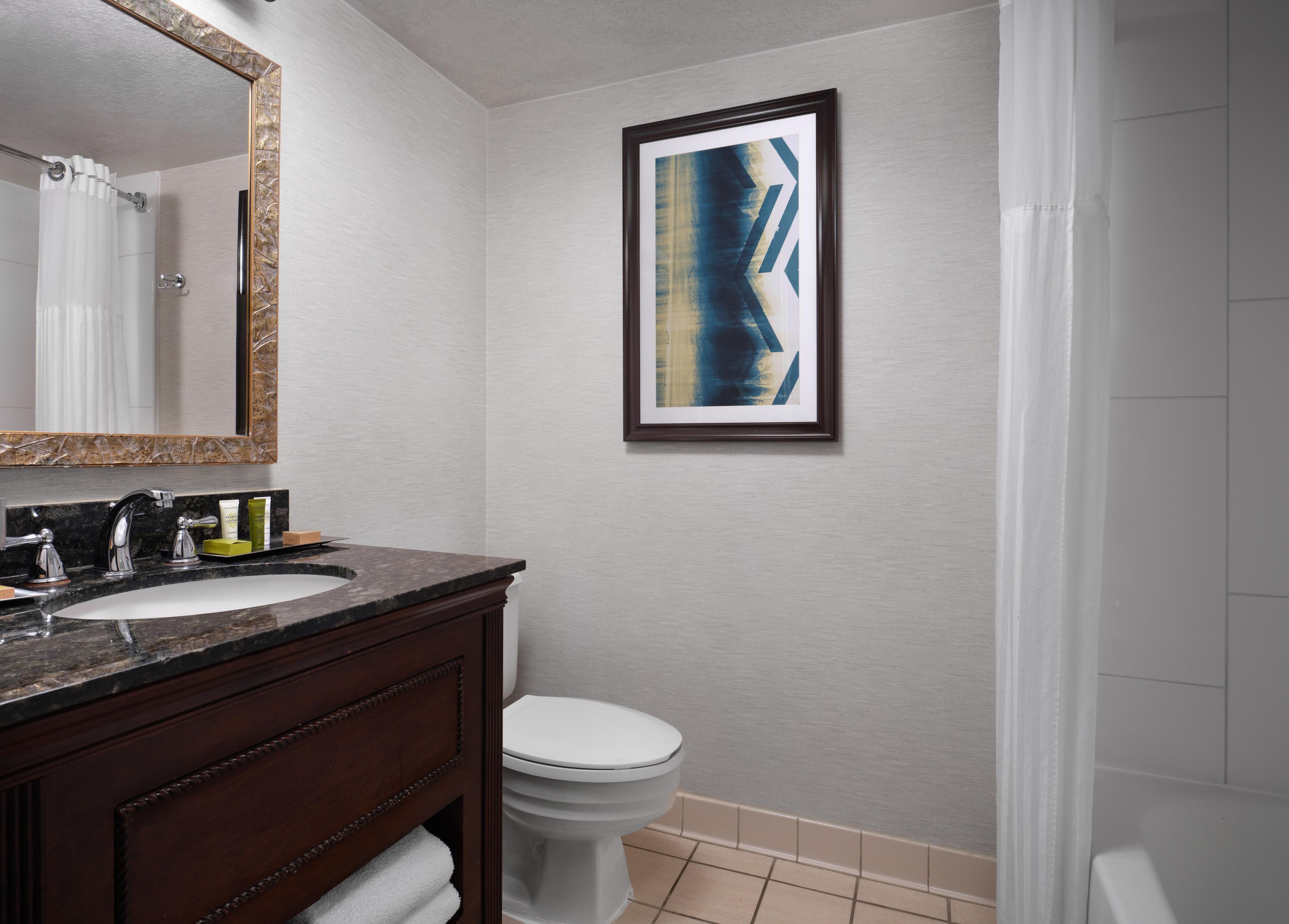 A bathroom with a marble sink, a toilet, and a framed abstract painting on the wall.