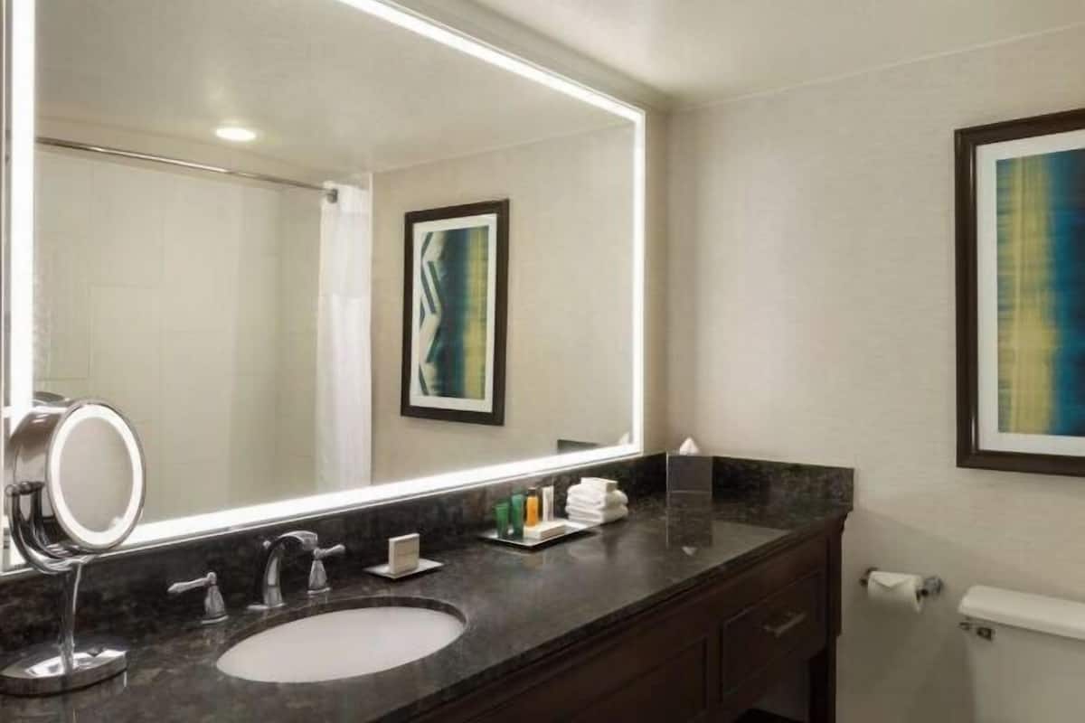 Badkamer | Een bad/douchecombinatie, designer toiletartikelen, een haardroger