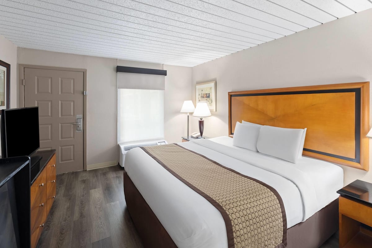A hotel room with a large bed, a TV, a dresser, a window with curtains, a lamp, and a door.