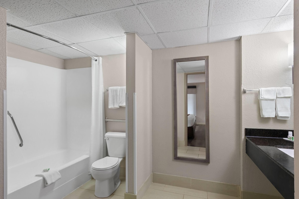 A modern bathroom with a bathtub, toilet, and a large mirror.