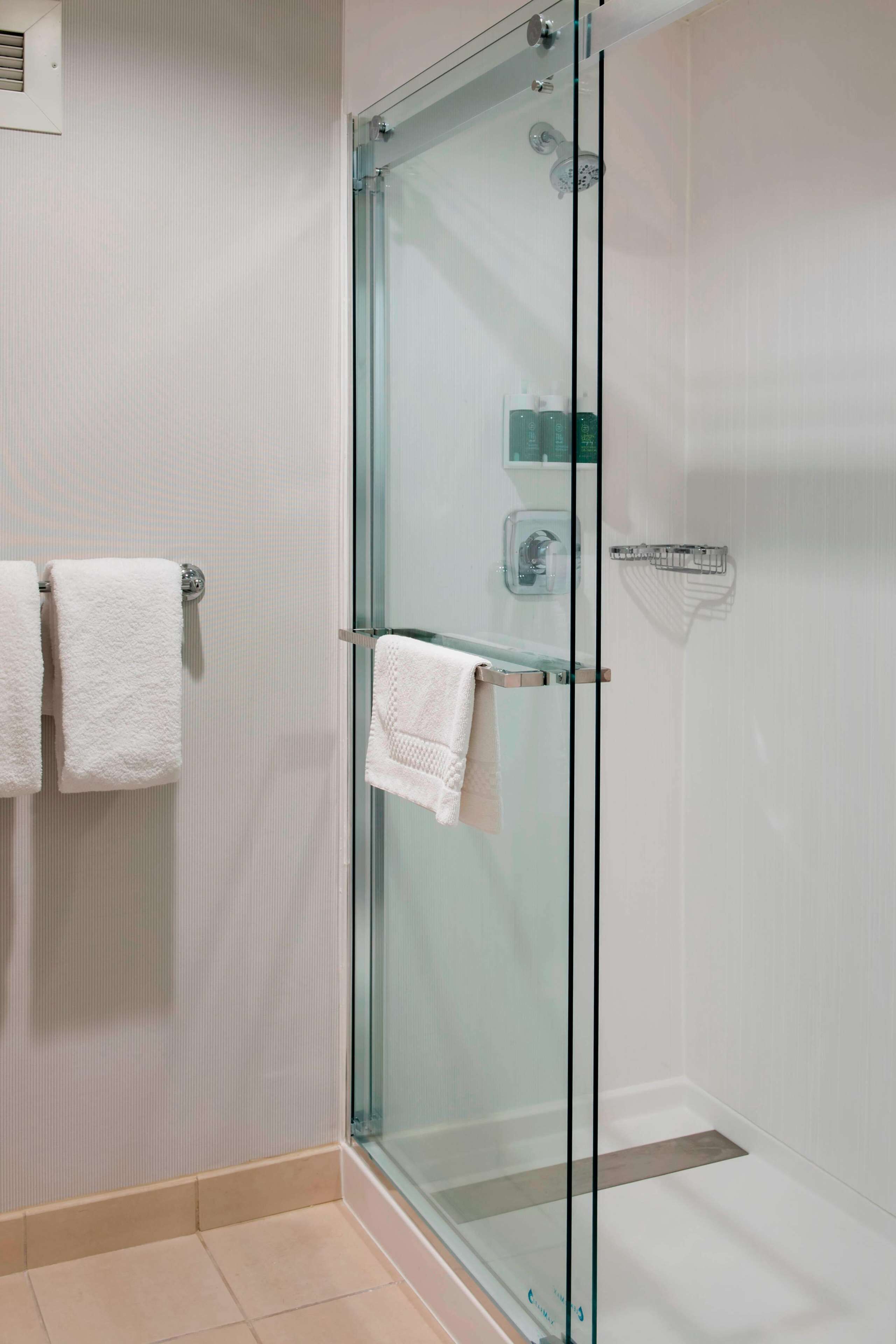 combined shower/bathtub, free toiletries, hair dryer, towels