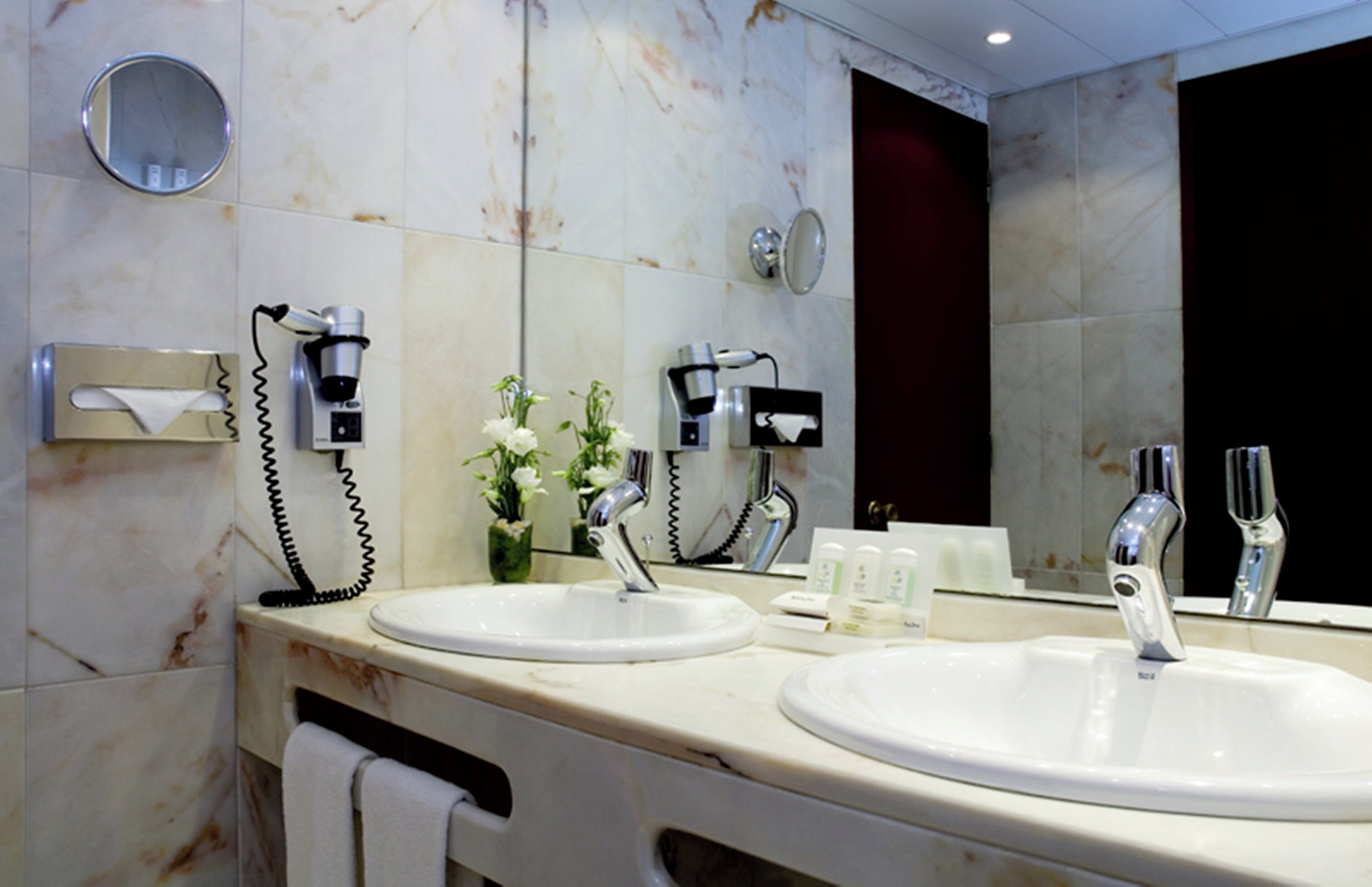A bathroom with two sinks, a mirror, a towel rack, and a hairdryer.