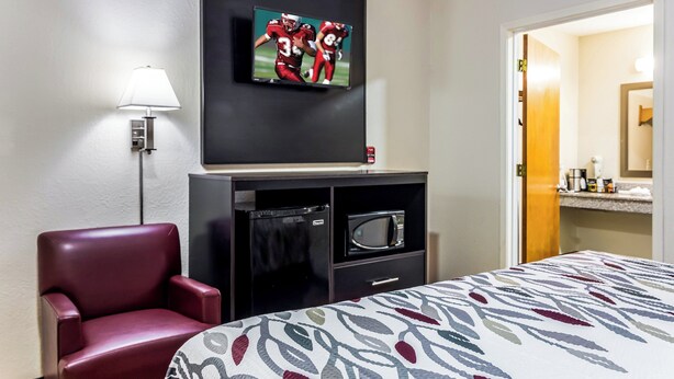 Une chambre d’hôtel avec un lit, un téléviseur fixé au mur, un four à micro-ondes, une chaise rouge et une porte donnant accès à une salle de bain.