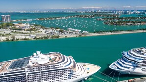 A large cruise ship docked at a port with a marina in the background. - Avalon Hotel (Miami Beach)