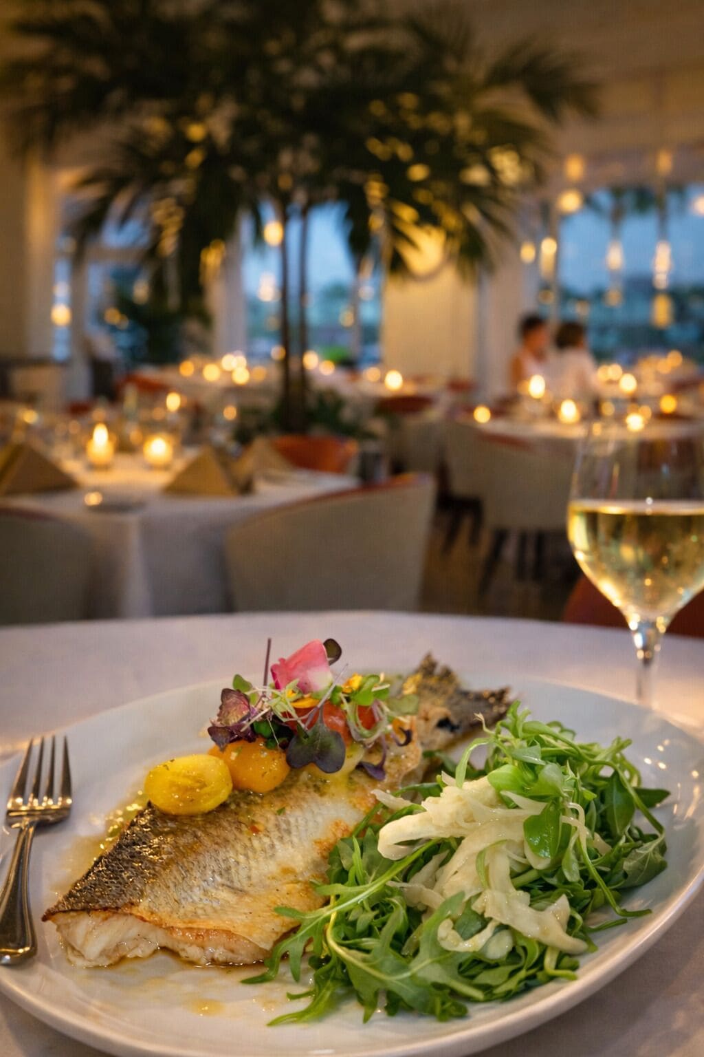 A dining table with a plate of food, a fork, and a glass of white wine.