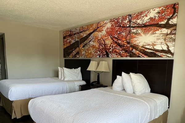 Room, 2 Double Beds, Non Smoking | Pillowtop beds, desk, blackout drapes, iron/ironing board