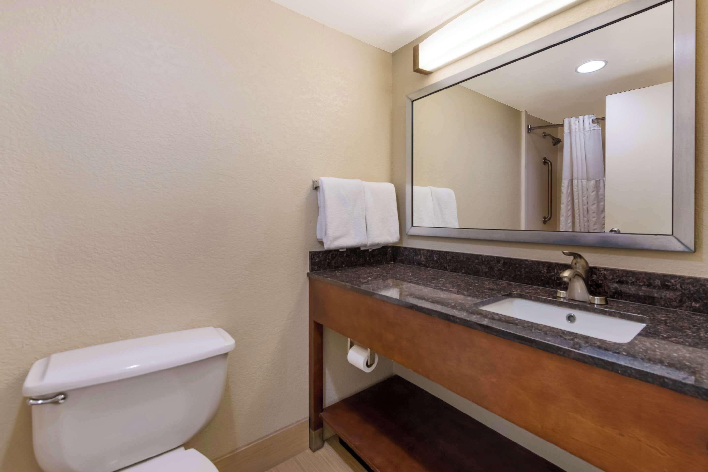 Ein Badezimmer mit Toilette, Waschbecken und Spiegel.