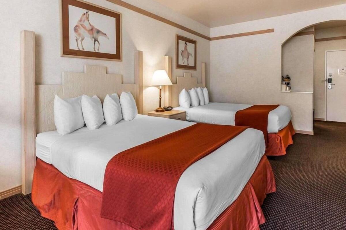Una habitación de hotel con dos camas, una lámpara, una puerta y un cuadro en la pared.
