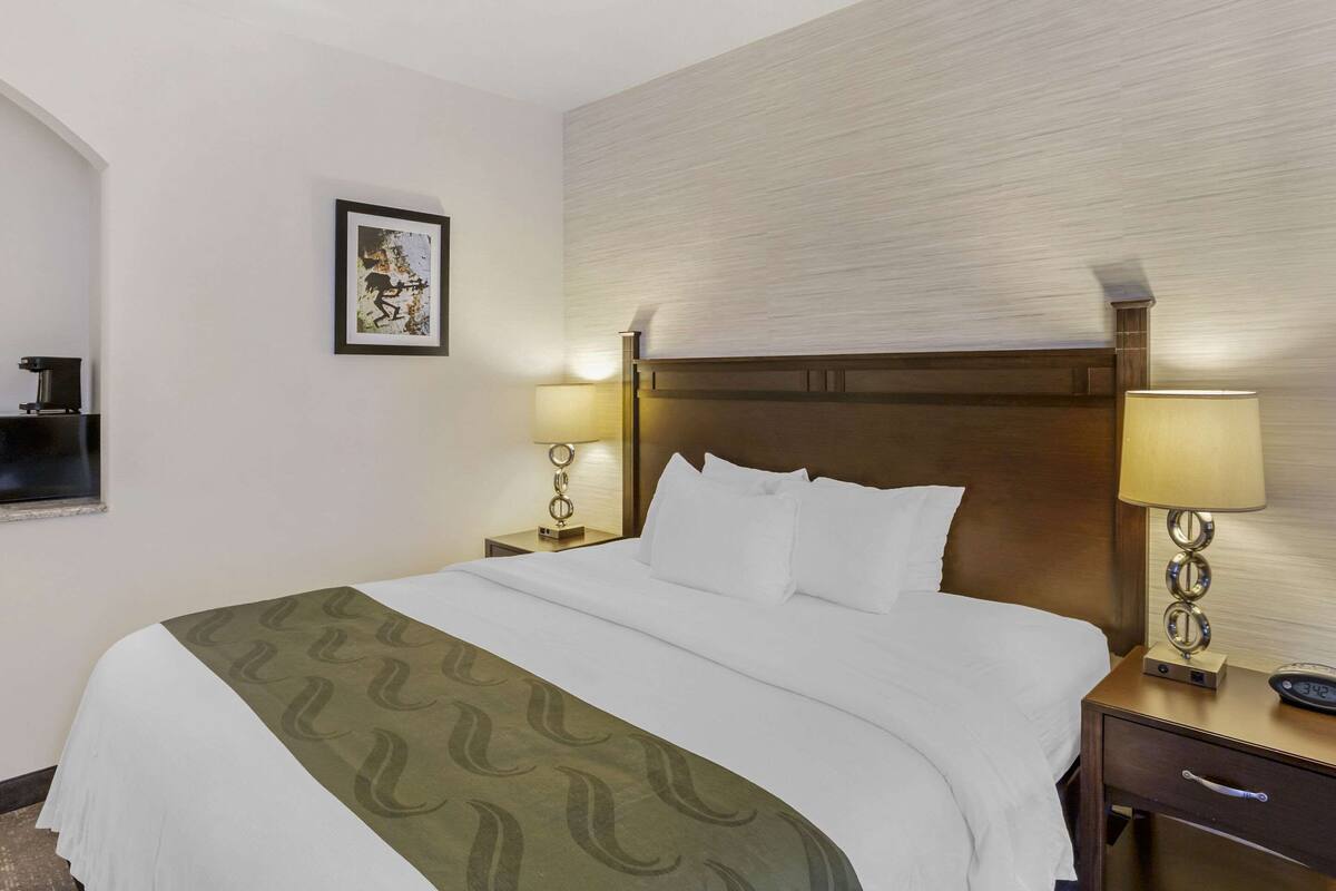 Habitación de hotel con una cama grande, dos mesitas de noche con lámparas, un cuadro enmarcado en la pared y un cabecero de madera.